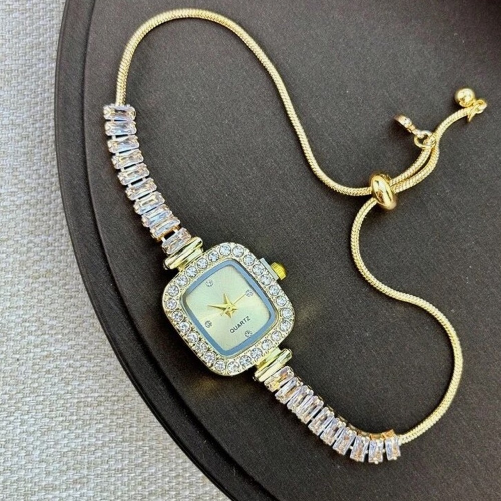 Stainless Steel Gold Zircon Watch Bracelet